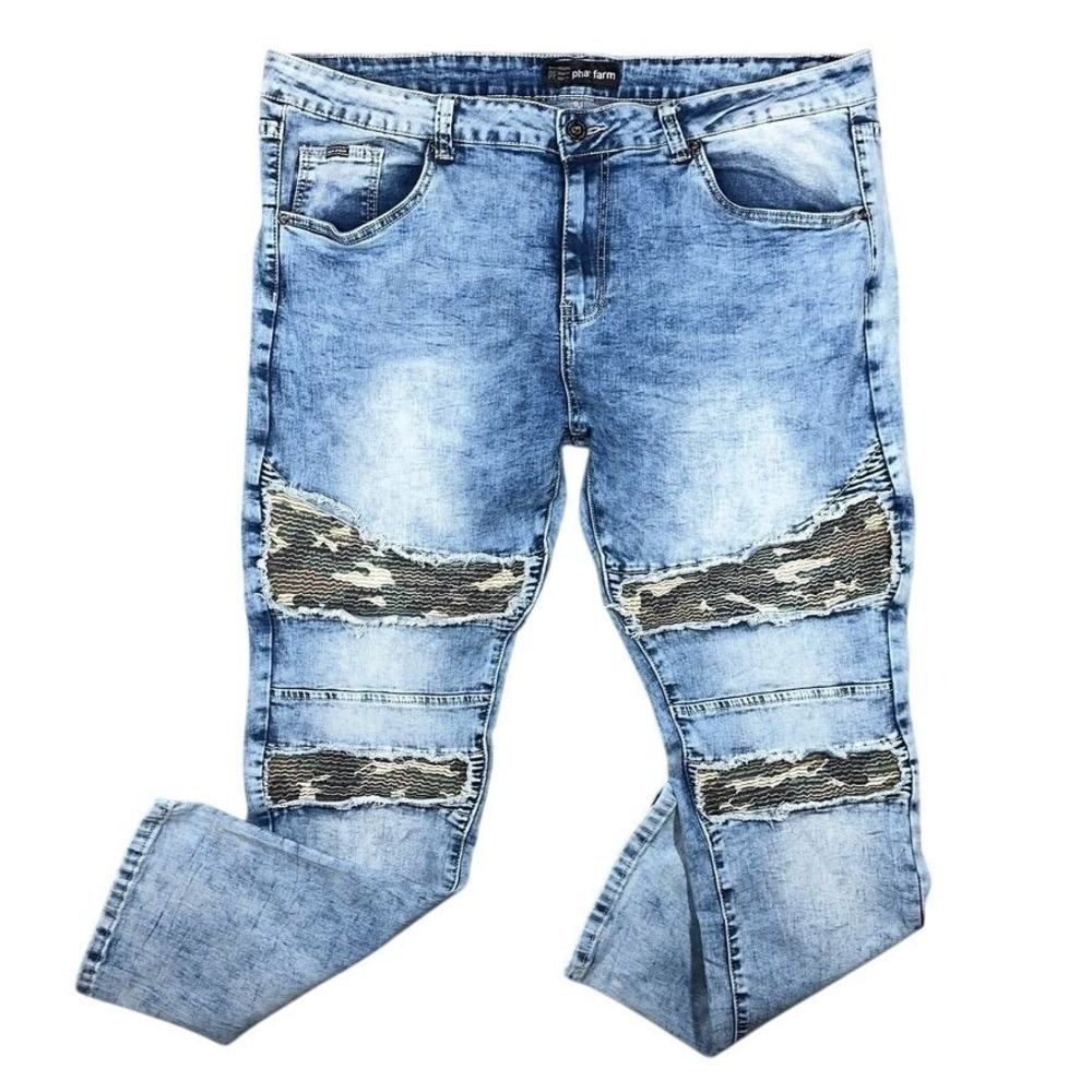 VTG Phat Farm Jeans Men 42 Blue Acid Wash Camo Moto Distressed Denim Y2K Grunge
